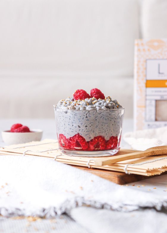 Riz au lait sésame noir et framboises