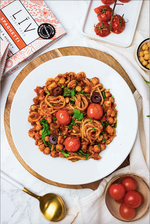 Spaghetti aux tomates rôties, épinards et pois chiches