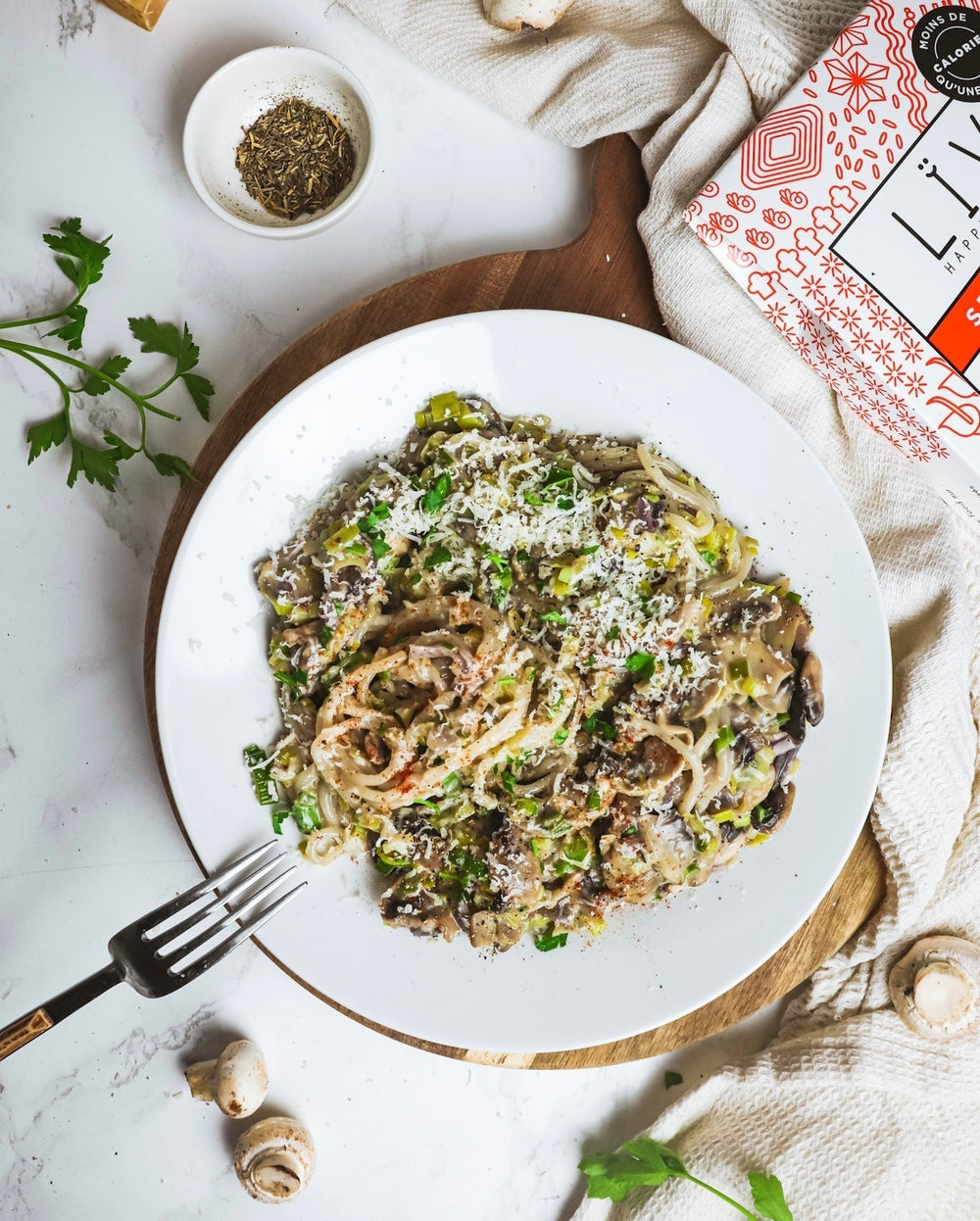 Spaghetti aux poireaux et champignons