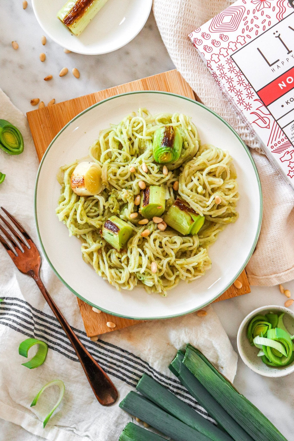 Noodles crème de poireaux et poireaux braisés