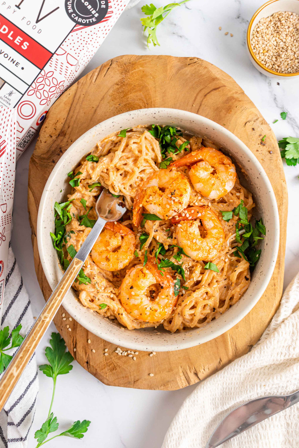 Noodles aux crevettes et à la ricotta