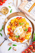 Spaghetti tomates multicolores & buratta
