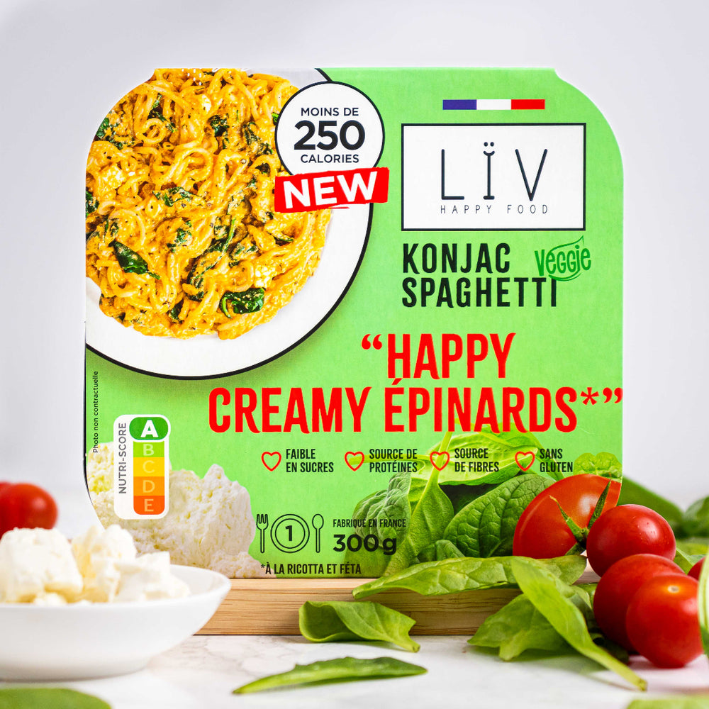 plat cuisiné équilibré de spaghetti de konjac aux épinards