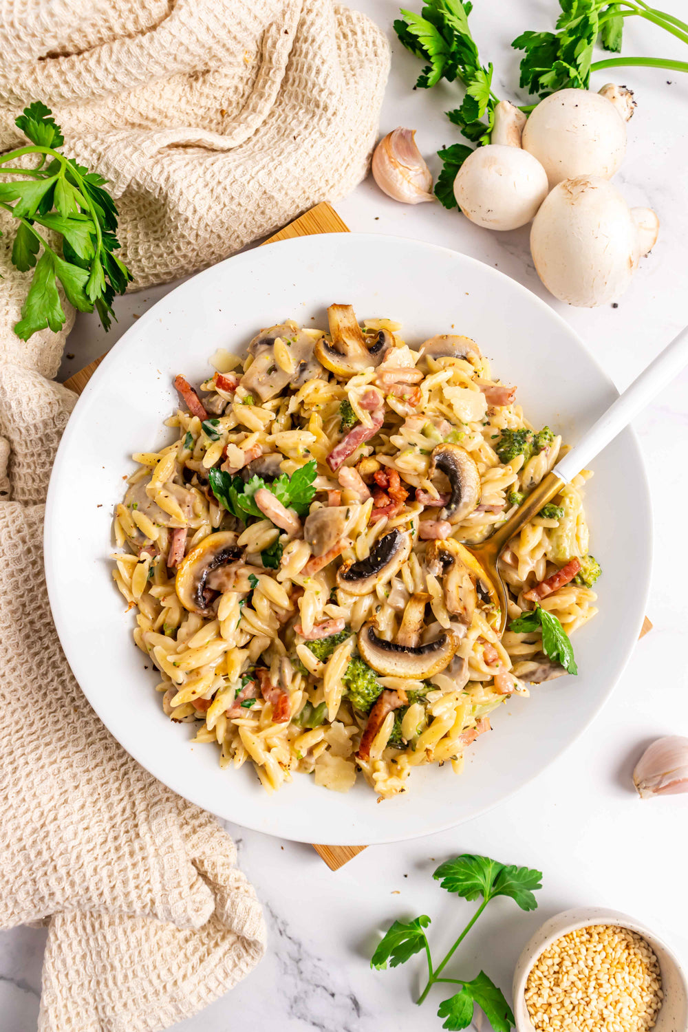 Orzo champignons, brocolis, lardons