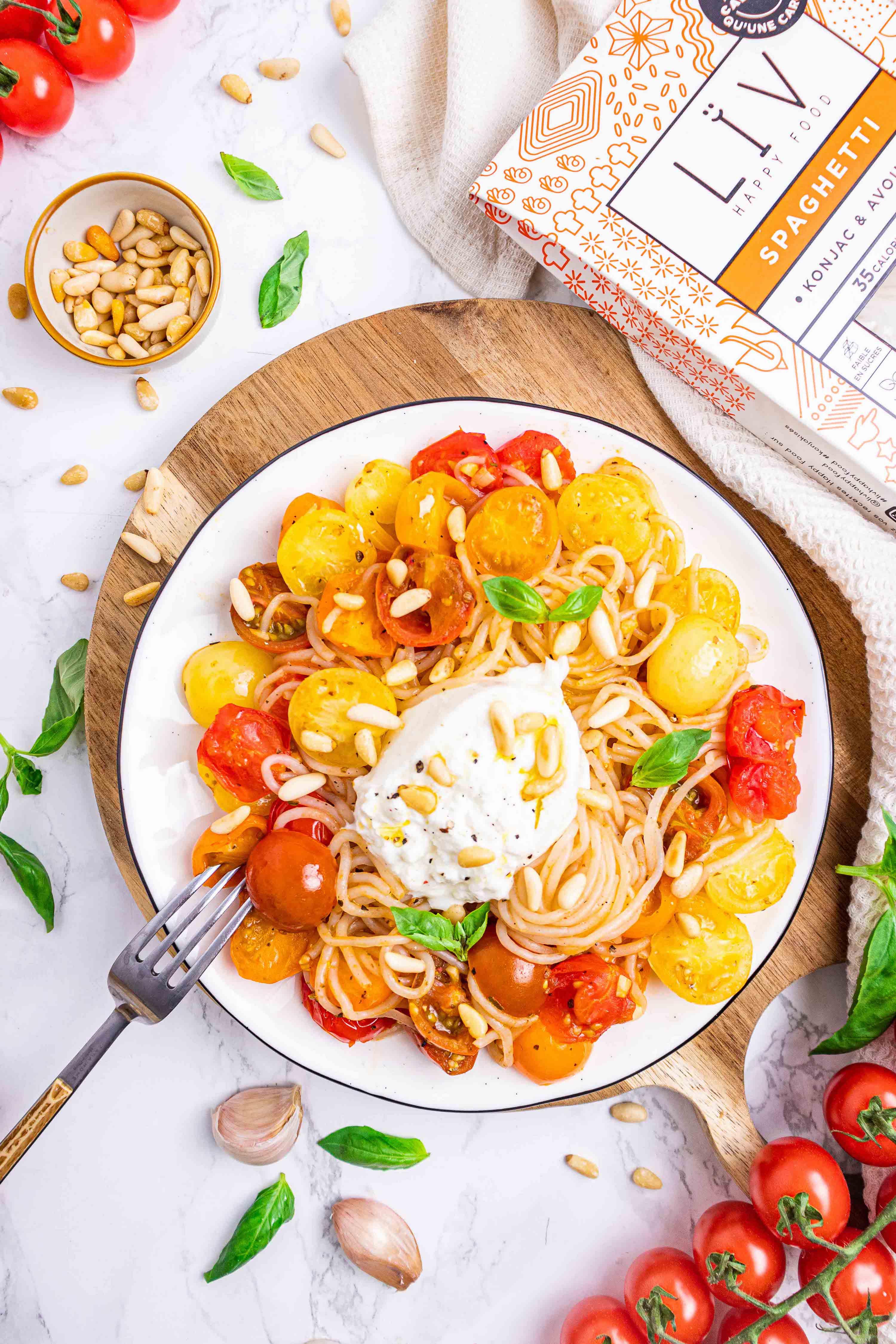 Spaghetti tomates multicolores & buratta - LIV Happy Food