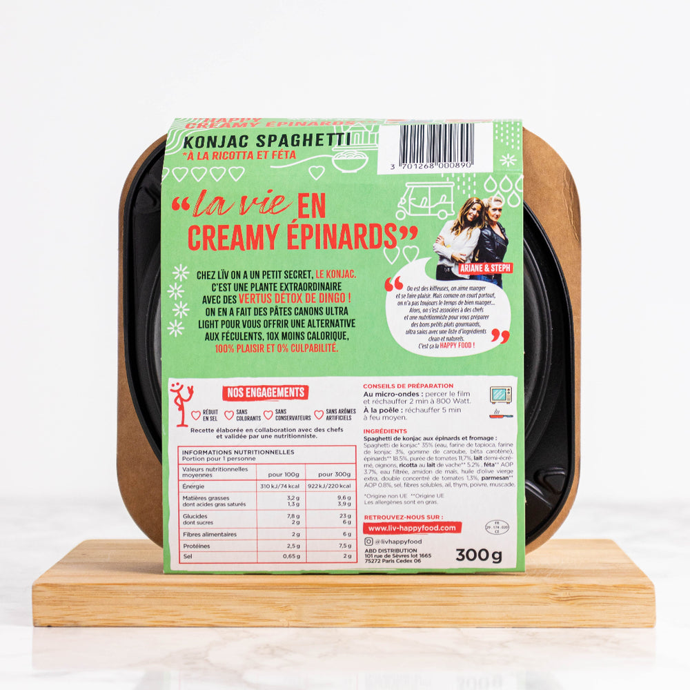 verso du plat préparé de konjac aux epinards