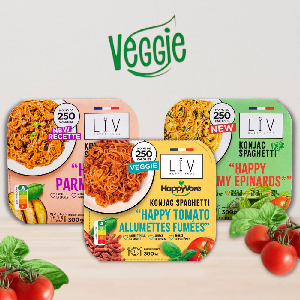 présentation des 3 plats préparés de pâtes de konjac sains et légers faibles en sucre