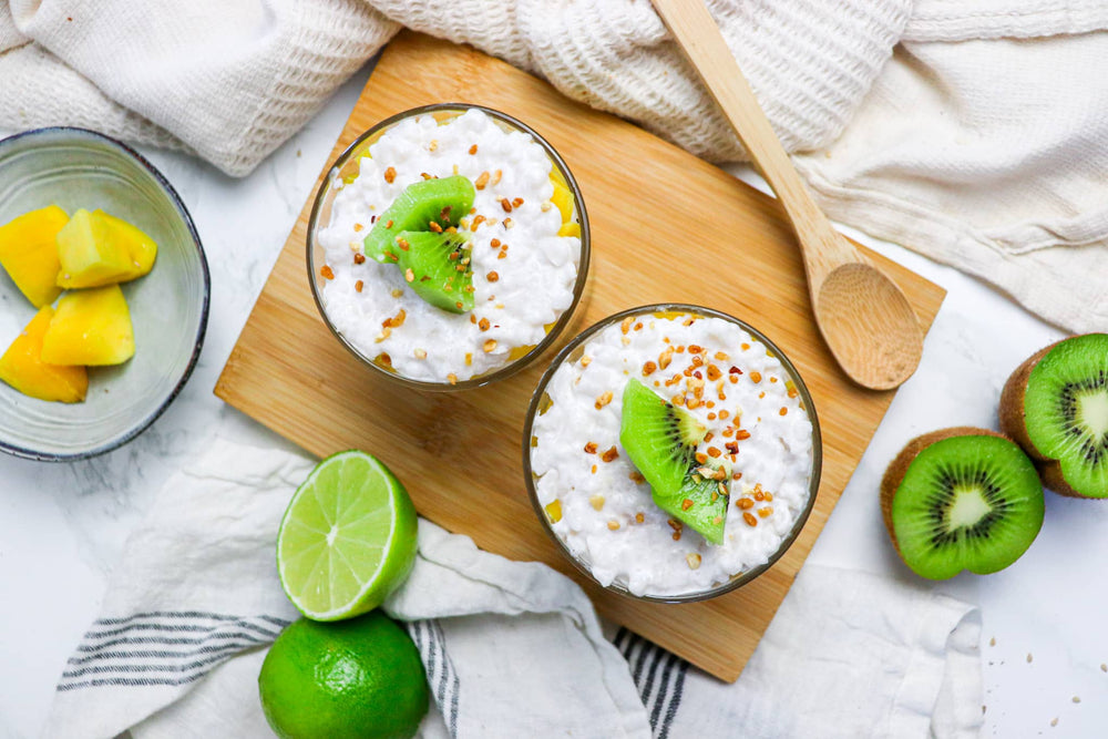 Desssert au sticky riz avec kiwi et mangue - LIV happy food pâtes et riz au konjac avec peu de calories