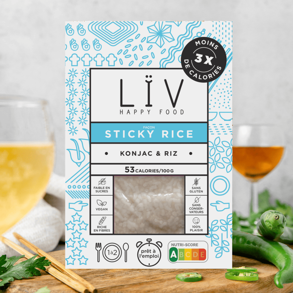 Paquet sticky riz de face - LIV happy food pâtes et riz au konjac avec peu de calories