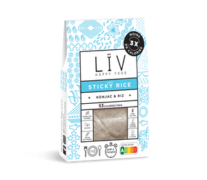Paquet sticky riz de face et de côté - LIV happy food pâtes et riz au konjac avec peu de calories